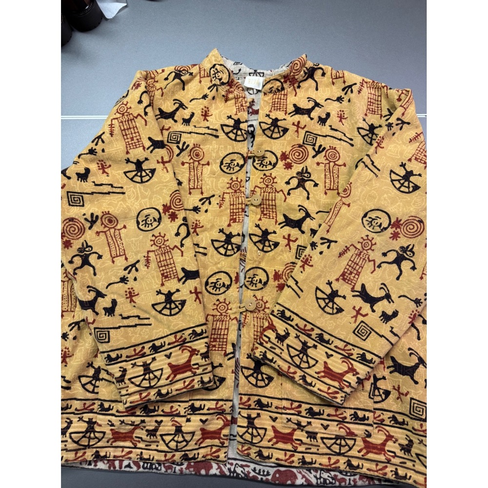 Riva Yellow Cotton Tribal Petroglyph Print Button Jacket‎ Made in India One Size